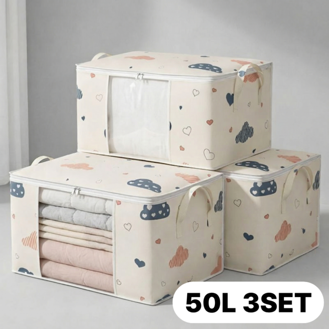 굿컨트리 투명창 패브릭 리빙박스 1+1+1 이불 계절 옷정리 보관함, 3개, 아이보리