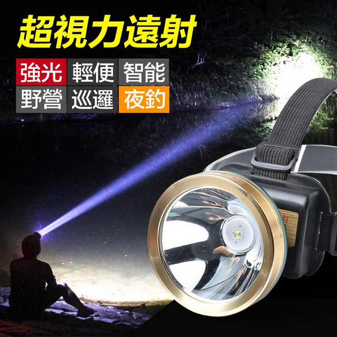 【持久續航 兩檔調光】IPX6防水 頭戴式礦燈 充電手電筒 超亮遠射 夜釣/徒步/探險/巡邏, 1個, LED頭戴露營燈