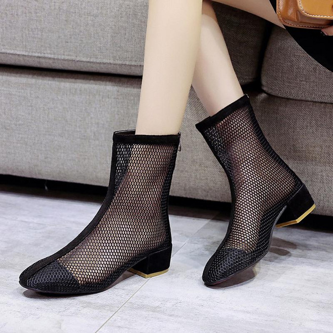 4cm 청키 힐 라운드 코 메쉬 망사 앵클 부츠 q20