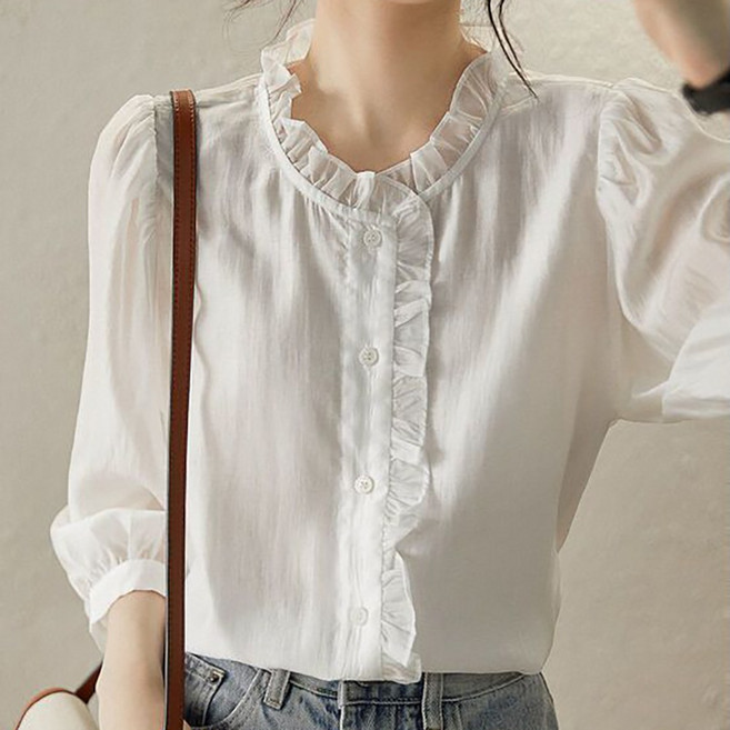 ROYALBELLE 여성 스탠드넥 수술 버튼 7부 소매 루즈핏 캐주얼 쉬폰 셔츠 R0022410