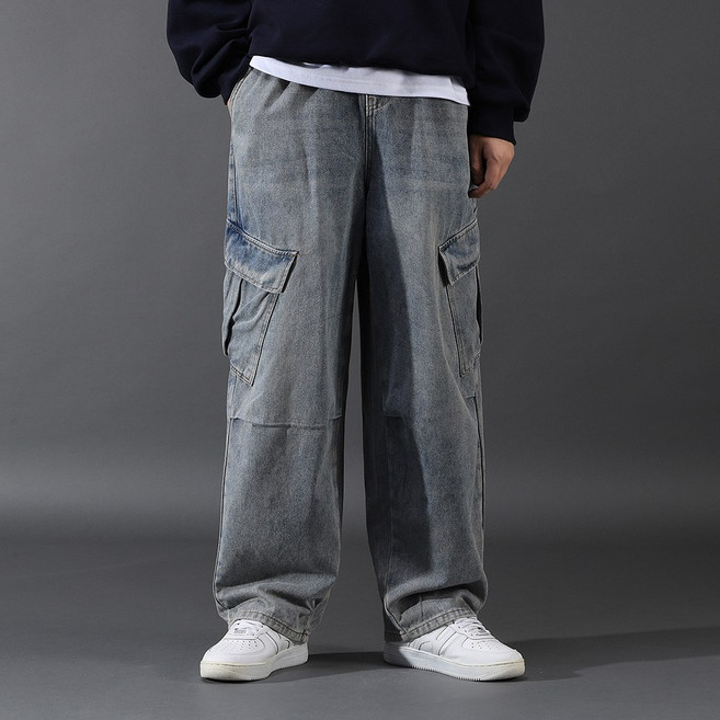 후앙스 스트링 밴딩 무릎 핀턱 카고 와이드 데님 팬츠 GZCP-5212