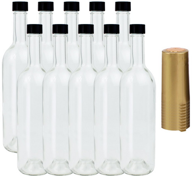 가인글로벌 와인750 투명 유리병 + 스탬핑 숏캡 블랙 + 탑씰 골드(루땡 수축필름) 주류병, 10세트, 750ml