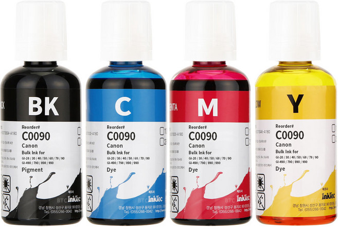 잉크테크 캐논 GI-90 GI-990 G1910 G2910 G3910 G4910 G6090 G7090 호환 무한 리필 잉크, 1세트, 4색(검정 안료+ 컬러 염료) 250ml 정품무한
