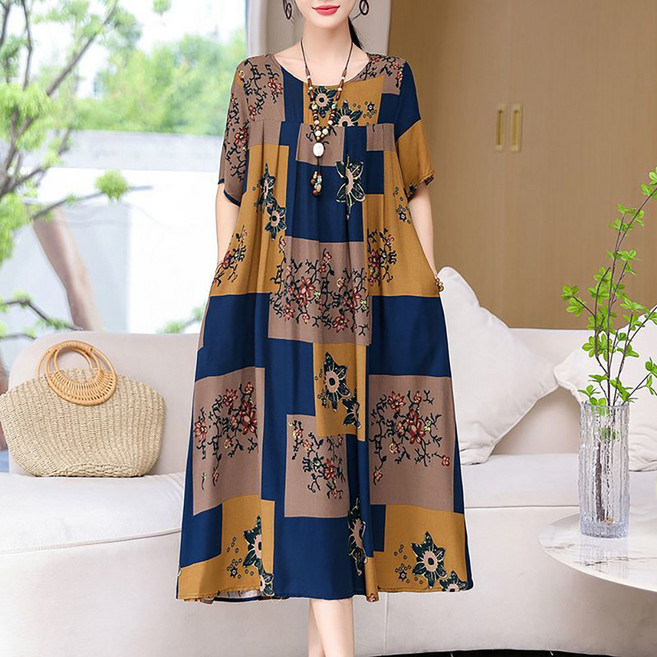 지고다그 여성용 여름용 냉감 중년 빅사이즈 냉장고 시원한 A라인 롱 원피스 플라워 프린트 루즈핏 빅사이즈 데일리 GJX2348