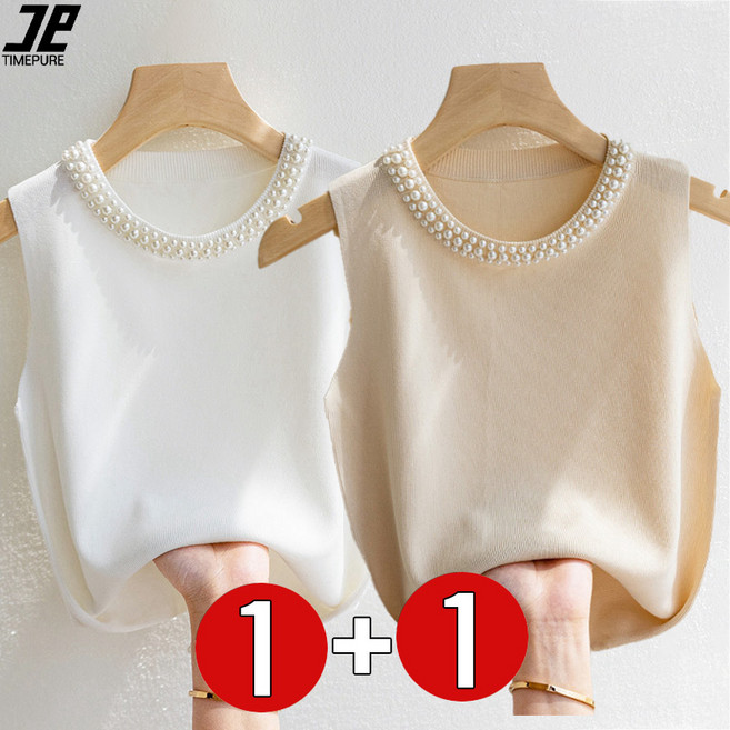 타임퓨어 여성 민소매 니트나시티 1+1 캐주얼 반팔 티셔츠 편안한 반팔티 여름 라운드넥 진주 데일리룩 세트