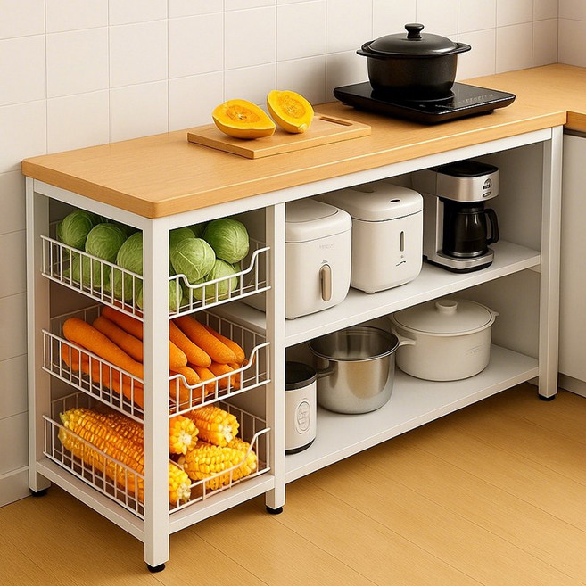 뷔이위이 주방 수납장 전자레인지 오븐 바구니 수납 선반 3단, 화이트