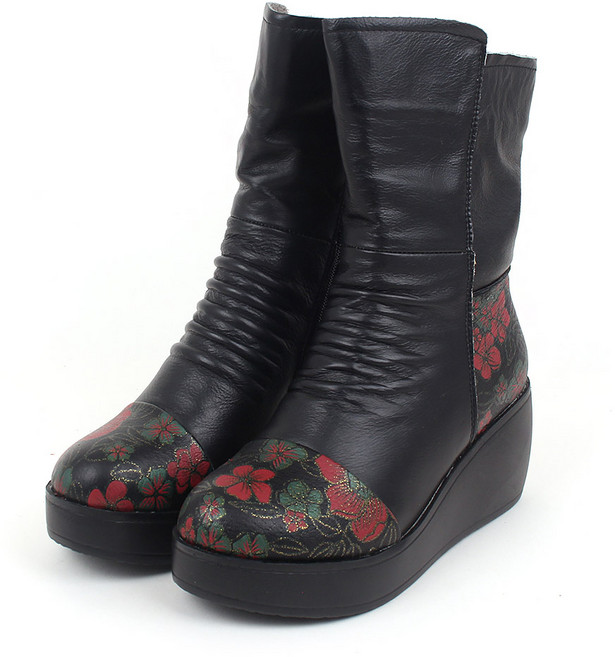 J꽃가람 여성 천연가죽 꽃신 털 기모 부츠 한복 신발 따뜻한 푹신한 전통 통굽 구두 키높이 7cm