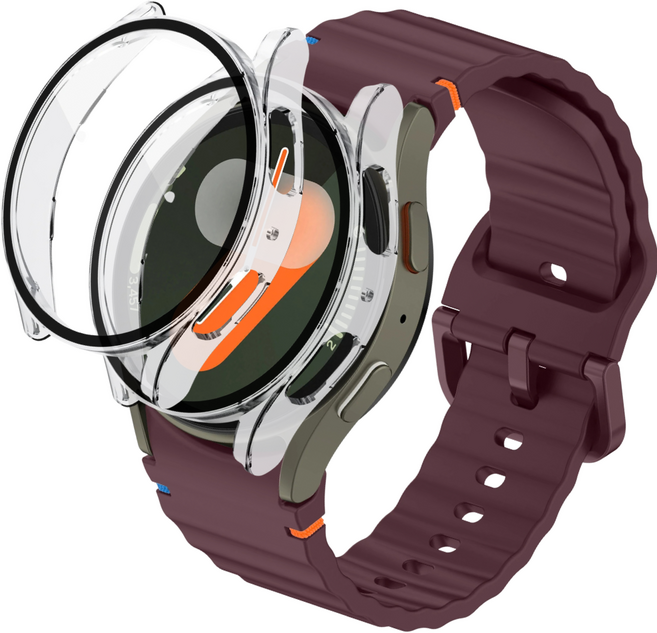 데일리피 갤럭시워치 호환 실리콘 컬러풀한 스티치 스트랩 8/7/6/6클래식/5/5프로/4/4클래식+PC 케이스 2개, 보라색/투명