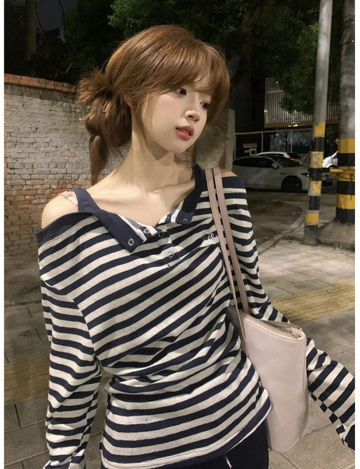 여성 오프숄더 스트라이프 루즈핏 긴팔 티셔츠