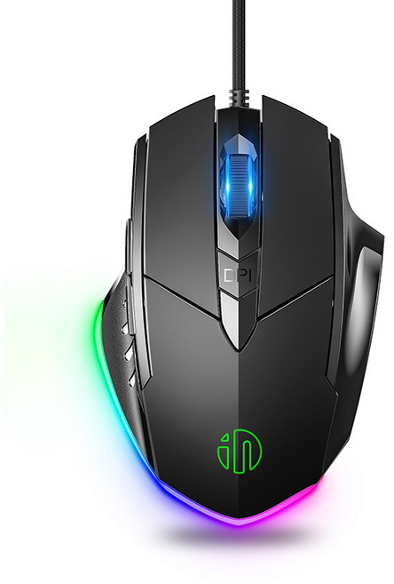 Inphic W1 Pro 무소음 마우스 RGB 매크로 프로그래밍 기능 탑재 6버튼 인체공학적 유선 게이밍 마우스, 블랙