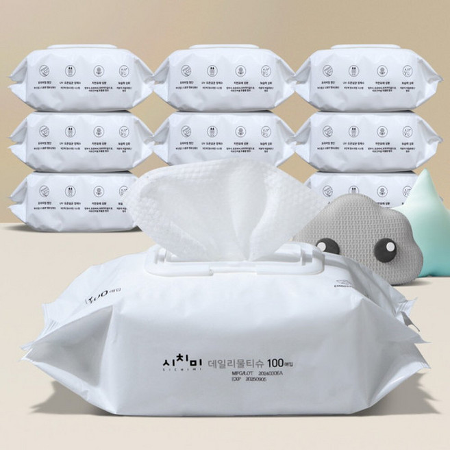 데일리 물티슈 100매 10팩 도톰한 물휴지 대형 두툼한 자동차물티슈, 50g, 10박스