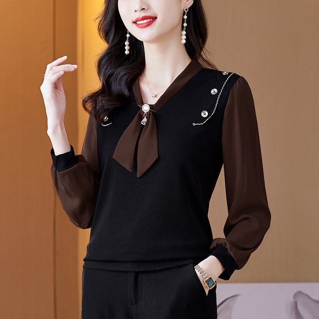 Neirny 중장년여성 빅사이즈 브이넥 리본 쉬폰 블라우스 봄가을 긴팔 패션 고급 니트 시크 루즈핏 패션 엄마하객룩 간절기 레깅스 상의