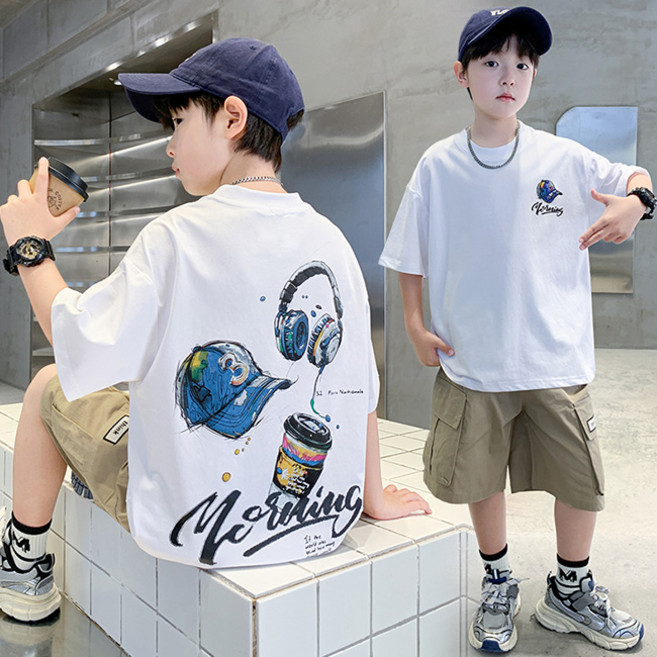 비비키드 주니어 상의 하의 세트 남아 여름 세트 초중생 모자 일러스트 반팔티 반바지 초등생 상하세트 (NANTONGMAO)