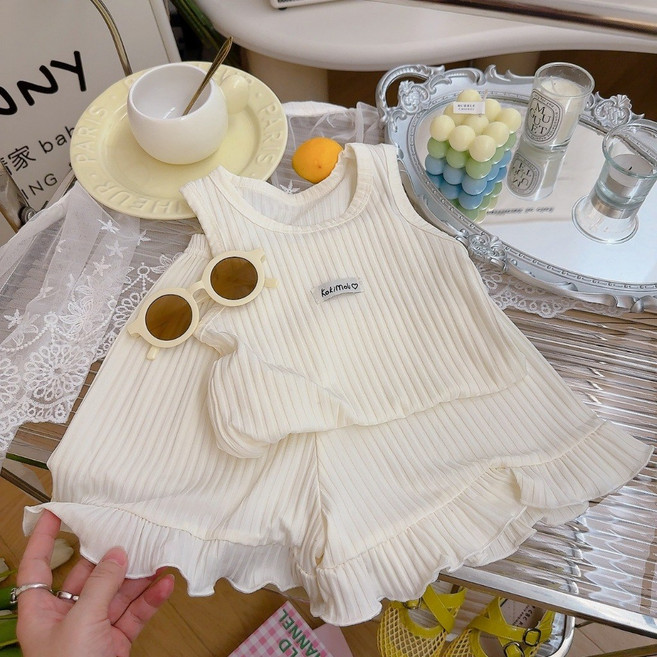 萱寶媽咪baby童裝館 韓版夏季女童花邊冰絲家居背心套裝日系童裝女童甜美無袖套裝花邊短褲套裝時尚花邊背心套裝女童家居服兒童套裝萱寶媽咪
