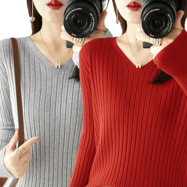 1+1 여성 부드러운 니트 브이넥 긴팔 스웨터 니트티 니트티셔츠 기본 간절기 골지 티셔츠 2P 3E569