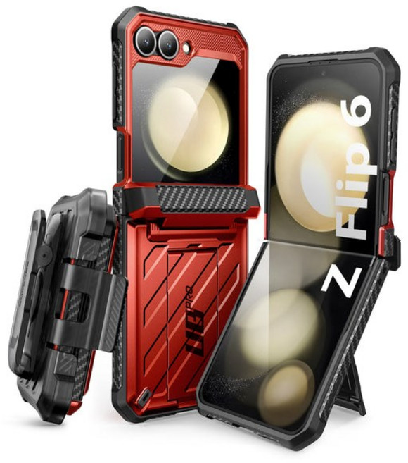 SUPCASE 유비프로 갤럭시 Z플립7 FE 플립6/5 호환 러기드 힌지커버 스탠드 케이스 (벨트클립포함), 레드, 1개