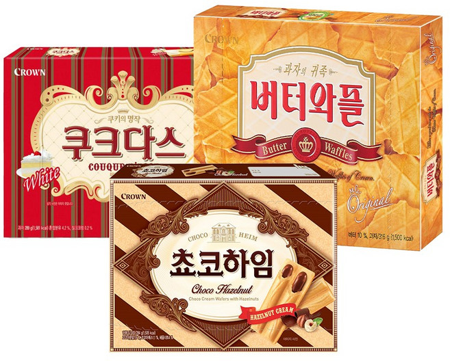 크라운 쿠크다스 화이트토르테 + 초코하임 + 버터와플, 1세트