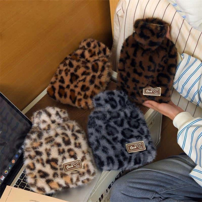 豹紋防爆毛絨灌水熱水袋 復古學生注水暖手暖水袋, 棕色豹紋款【800毫升】, 1個