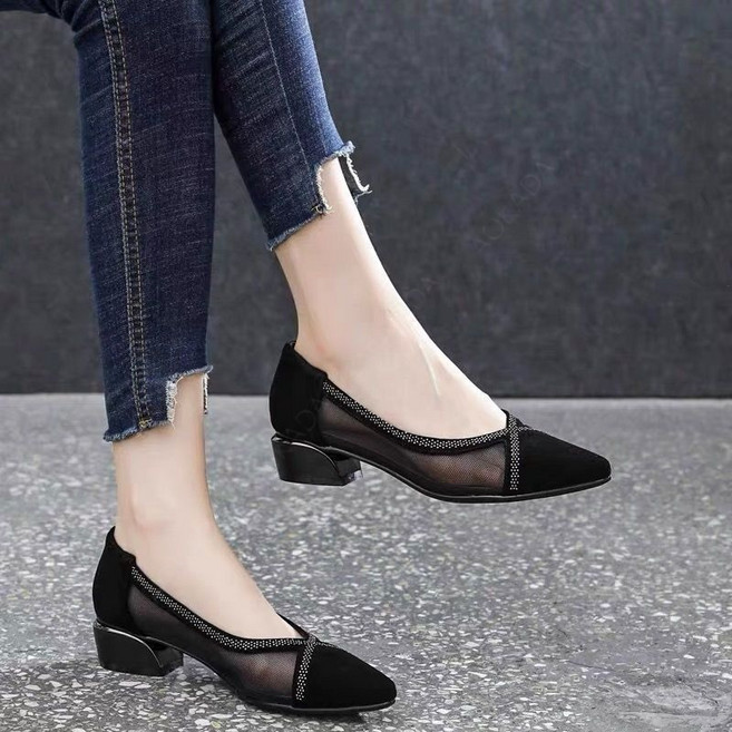 AOKADA여성 여름 큐빅 망사 단화 뾰족코 펌프스 미들 힐 샌들3CM