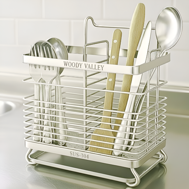 우디밸리 올스텐 304 물빠짐 2구 수저통, 1개, 실버