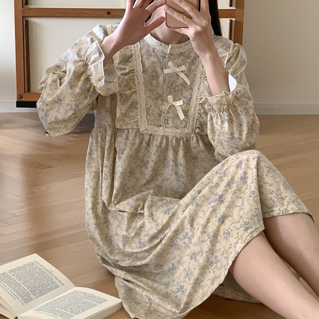 어나더뷰 2182 [2타입] 글라스 리본 플라워 파자마 상하세트 원피스 홈드레스 셔링 레이스 우정 홈웨어 잠옷