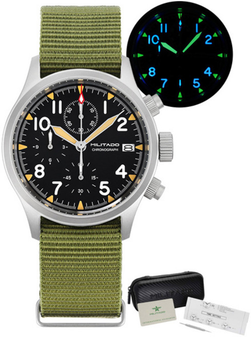 호환 Militado ML1868KF 쿼츠 3 다이얼 시계 VK67 크로노그래프 무브먼트 축광 시계 사파이어 100m 방수 손목시계, [02] GN Nylon With Date