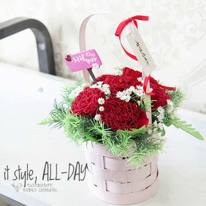 주름지카네이션 한량없는 그사랑 어버이날 스승의날 꽃 바구니(바구니랜덤발송), 마감철사(20개)+꽃테잎(초록)1롤, D.I.Y(미완성재료패키지), 1개