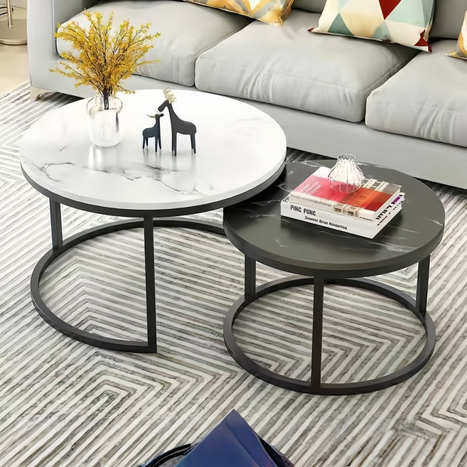 Briliant 거실테이블 원형 테이블 70+50cm 대리석 표면 원형 거실 커피 테이블 G518-077, 흰색 + 블랙 (70+50cm)