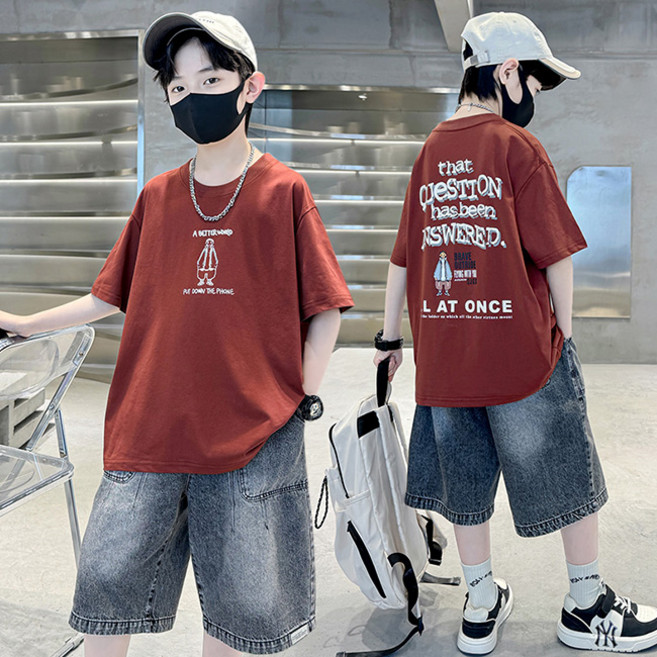 비비키드 초등생 ALL AT ONCE 영문 프린팅 상의 초중생 하의 주니어 반팔티 데님 반바지 의류 세트 남아 여름 상의+하의 세트 (6821)