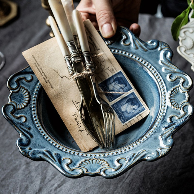 루비코코 북유럽 바로크 레이스 앤틱 플레이트 예쁜 샐러드 파스타 브런치 접시 2개입 1세트, 블루, 15.24cm 볼 (2p)