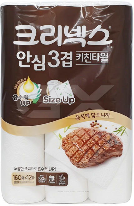 크리넥스 안심 3겹 키친타올 롤키친타올, 160개입, 12개