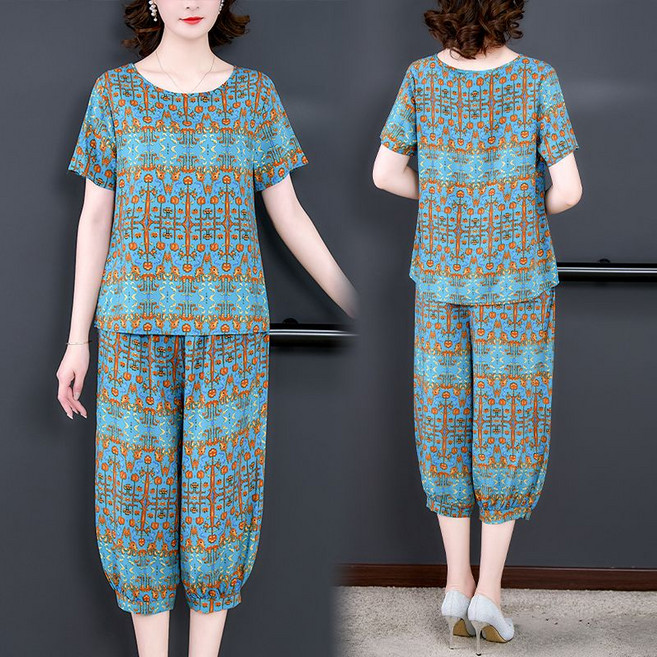 중년 여성 잠옷 세트 여름 할머니 인견 홈웨어 반팔 칠부 바지 세트 빅사이즈 여자 실내복 상하복 CJJ