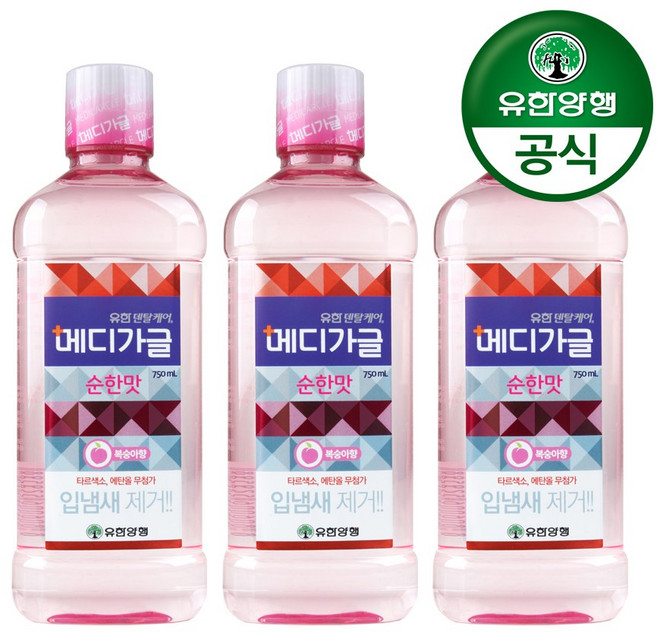 유한덴탈케어 메디가글 순한맛 구강청결제 복숭아향, 750ml, 3개