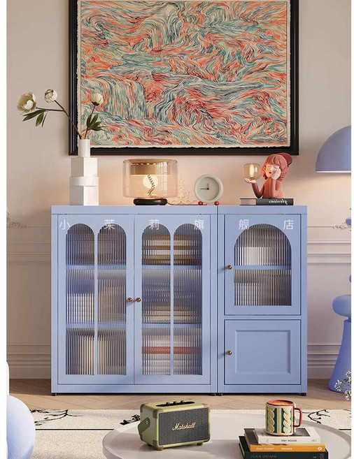 연연스토어 유리문책장 유리문장식장 수납장 거실장 유리문 모던센츄리 화이트 인테리어, 핑크 단문/강화유리