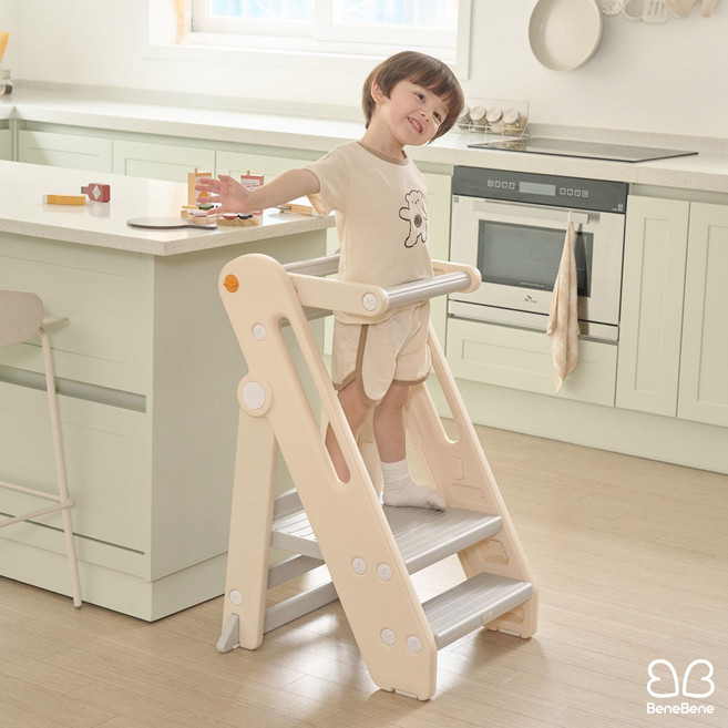 BeneBene 3단 접이식 폴딩 스트롱 멀티 키친 헬퍼 안전 가드 유아 디딤대, 아이보리, 1개