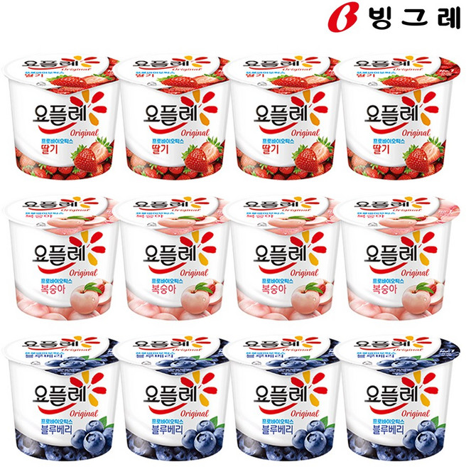빙그레 요플레 오리지널 홈 딸기+복숭아+블루베리 180g 각 4개