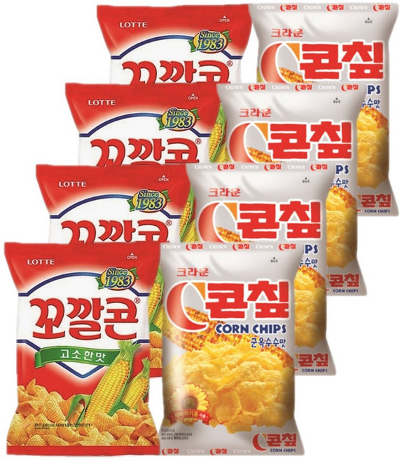 롯데 크라운 스낵모음 꼬깔콘 고소한맛 67gx4개+C콘칩 70gx4개 (총8개), 1세트, 548g