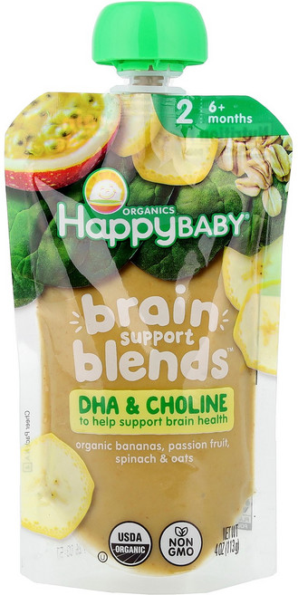 Happy Family Organics Baby® Brain Support Blends™ 생후 6개월 이상 유기농 바나나 패션프루트 시금치 귀리 113g(4oz, Happy Family Organics, Baby®,