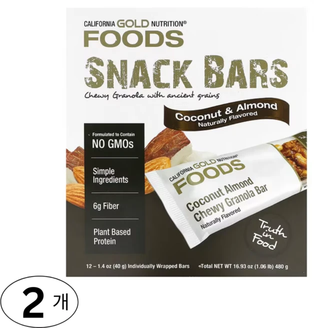California Gold Nutrition 운동 전 후 코코넛 아몬드 츄이 그래놀라 프로틴 바 12개입 480g 1개, 2개 - 쿠팡