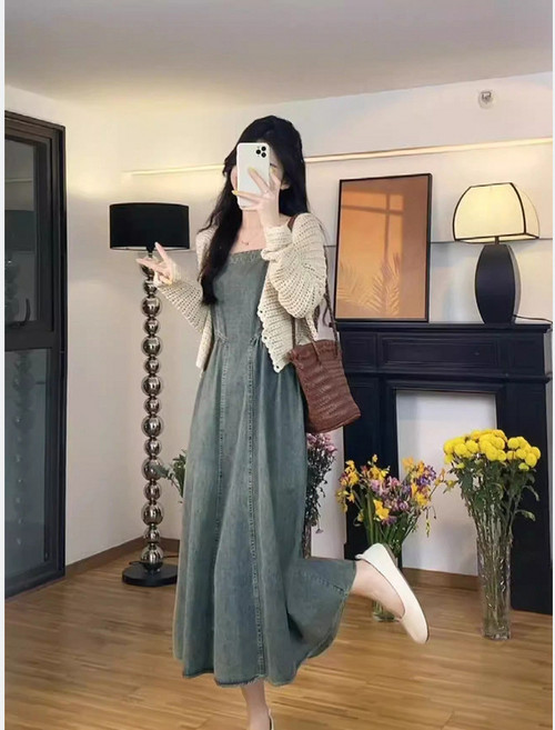 法式復古牛仔A字吊帶長裙 韓系休閒連身裙