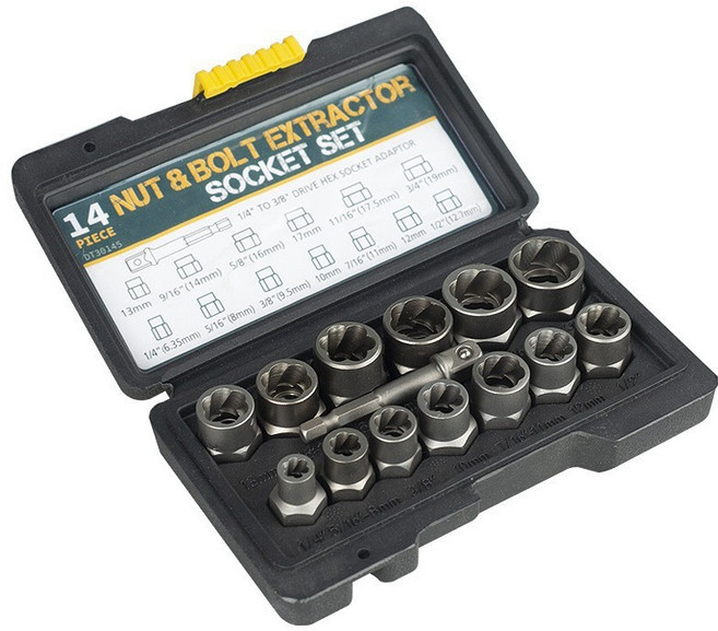 tinduo S2합금강 볼트 리무버 너트 소켓 제거 키트 분리 탭 블랙 14p세트, 1세트