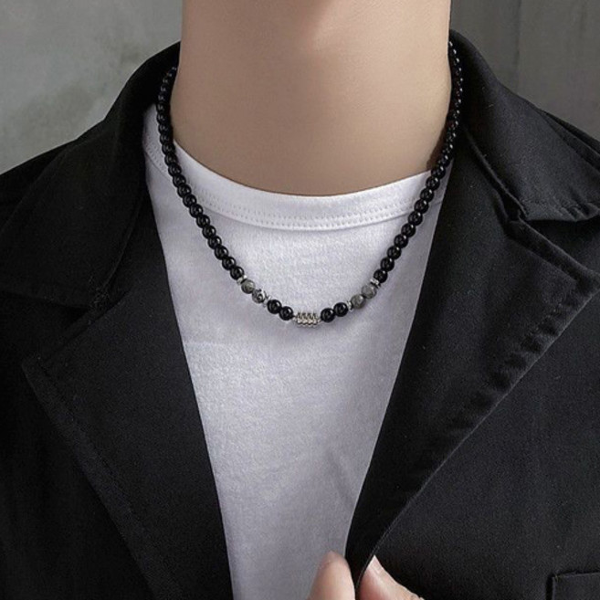 남성 원석 포인트 블랙 스트릿 레이어드 패션 목걸이 J2318