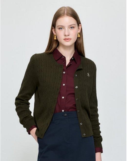 [매장정품] 헤지스레이디스 캐시미어 블렌디드 베이비 케이블 라운드넥 가디건 카키 HSSW5DC71K2