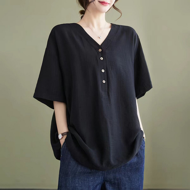 LUMORA 여성 중년 루즈핏 브이넥 5부 티셔츠 빅사이즈 반팔 블라우스 엄마옷