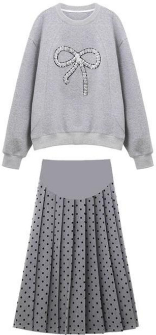 임산부 투피스 치마 세트 봄 가을 캐주얼 리본 스웨트 셔츠 도트 패턴 롱 스커트 세트 JS