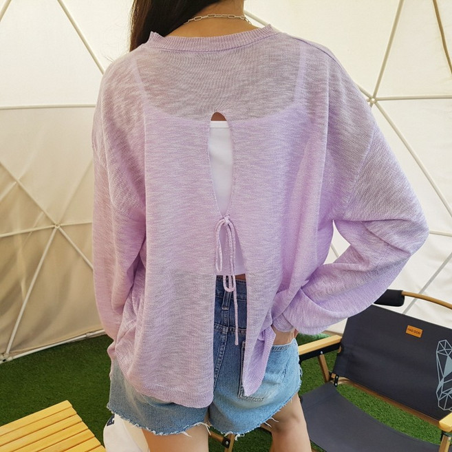 상상그이상 여성용 백트임 긴팔니트 얇은소재 시원한 시스루니트 라운드넥 백스트링 커버업니트 페스티벌 여성스러운 간절기룩