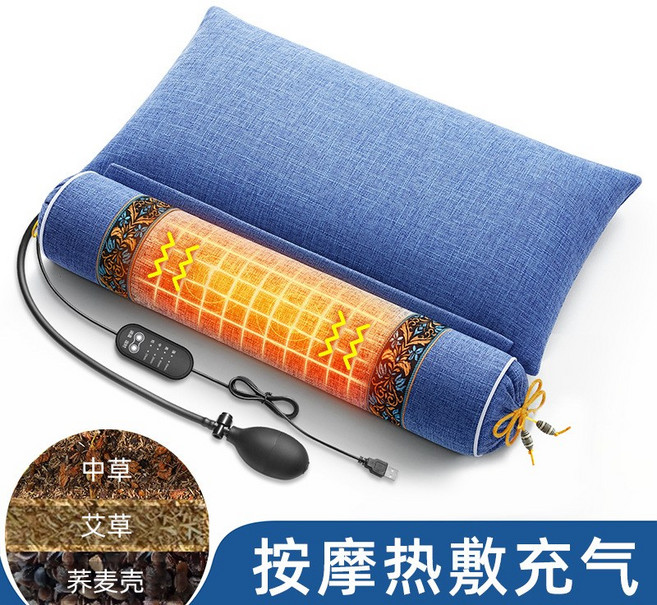 頸椎專用枕頭睡覺護頸椎充氣加熱震動按摩12味艾草蕎麥成人護頸枕, 【震動按摩熱敷充氣款】艾草蕎麥+中草組合枕-天空藍