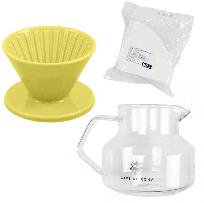 CAFEDE KONA 時光陶瓷濾杯套組 (附濾紙與咖啡壺), 黃, 1個