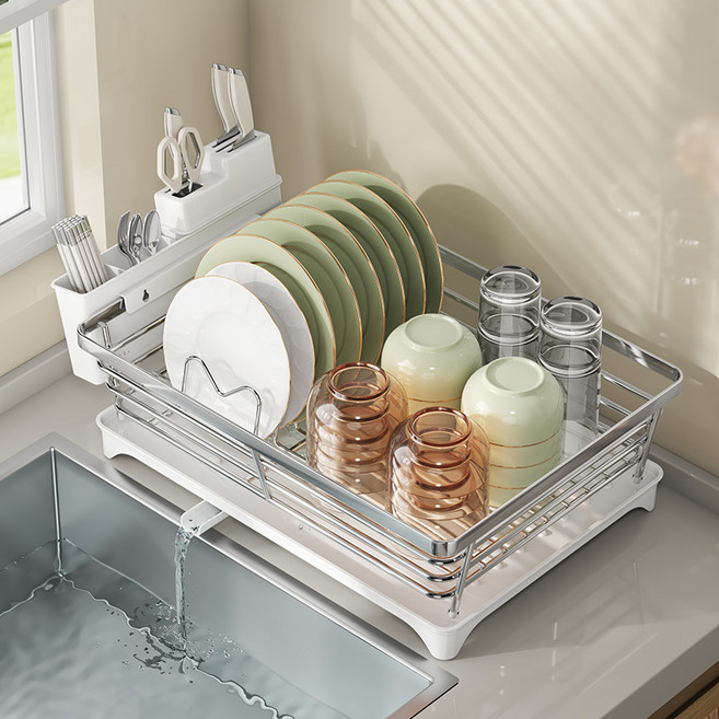 BIKASU 스테인리스 주방 자동배수 식기건조대 다용도 물빠짐 설거지건조대 정리대, 1개, 실버, 1단