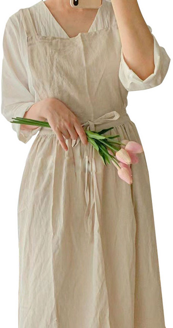 노블레스 베누스 빅사이즈 프로방스 원피스형 린넨 롱 앞치마, (BIG) 엔젤베이지, 1개